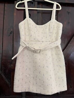 Assignment Cream Iridescent Tweed Belted Pearl Mini Dress